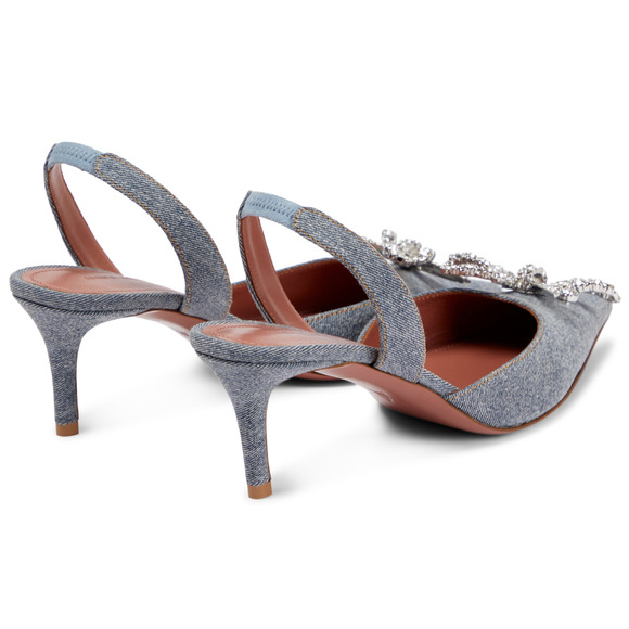 Amina Muaddi Rosie Sling Denim Blue Crystal Bow Slingback Sandal Heel Pump 38.5 - Picture 7 of 11